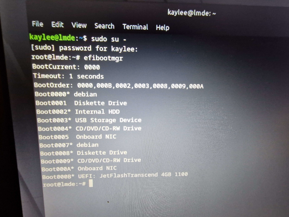 Photograph of the output of the efibootmgr command from within the new Linux installation.

root@lmde:~# efibootmgr
BootCurrent: 0000
Timeout: 1 seconds
BootOrder: 0000,000B,0002,0003,0008,0009,000A
Boot0000* debian
Boot0001 Diskette Drive
Boot0002* Internal HDD
Boot0003* USD Storage Device
Boot0004* CD/DVD/CD-RW Drive
Boot0005 Onboard NIC
Boot0007* debian
Boot0008* Diskette Drive
Boot0009* CD/DVD/CD-RW Drive
Boot000A* Onboard NIC
Boot000B* UEFI: JetFlashTranscend 4GB 1100